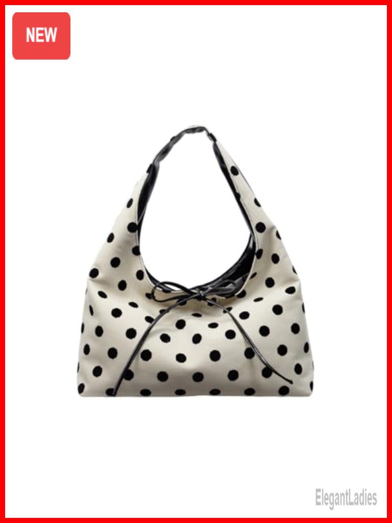 Faux Leather Polka Dot Top-Handle Tote Bag With Bow, Work Shoulder Handbag